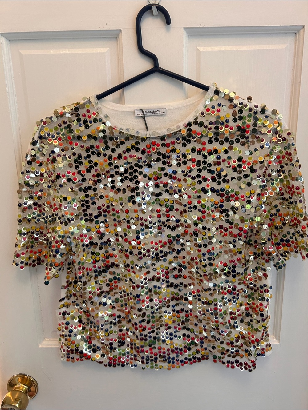 Zara Cream Short Sleeve Tee with Multicolor Sequin Discs